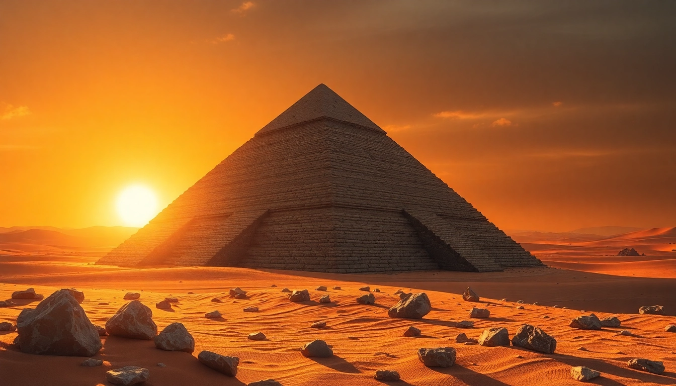 Unveil the ancient secrets of the piraminds in a stunning desert sunset.