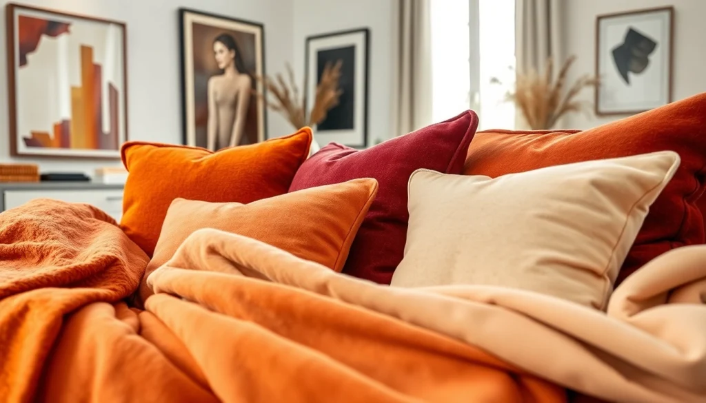 Verken warme en stijlvolle stoffen in een sfeervolle woonkamer met luxe meubels en decor.