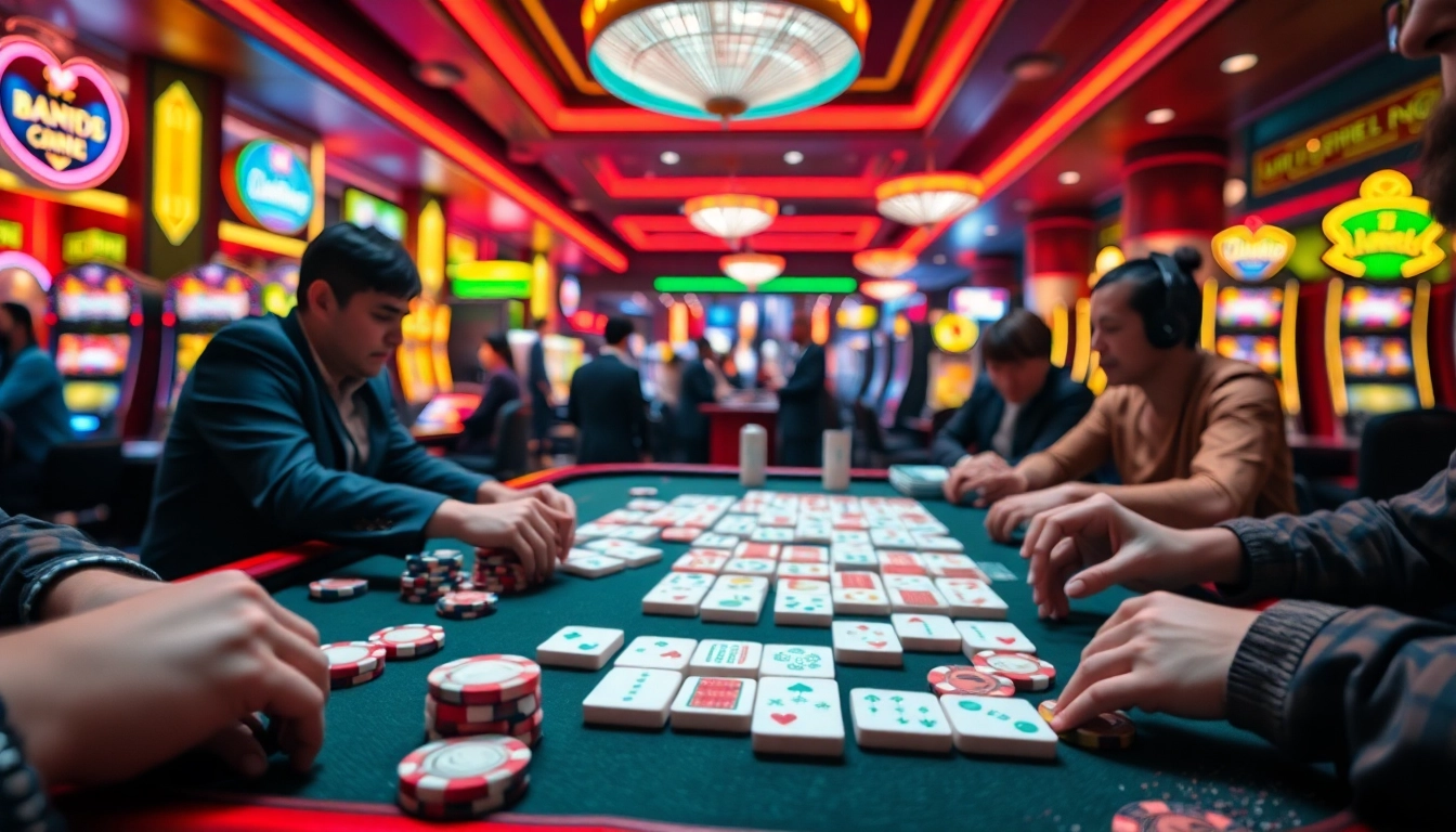 Dive into the thrilling world of Link Mahjong while enjoying a lively casino game scene filled with vibrant tiles and poker chips.