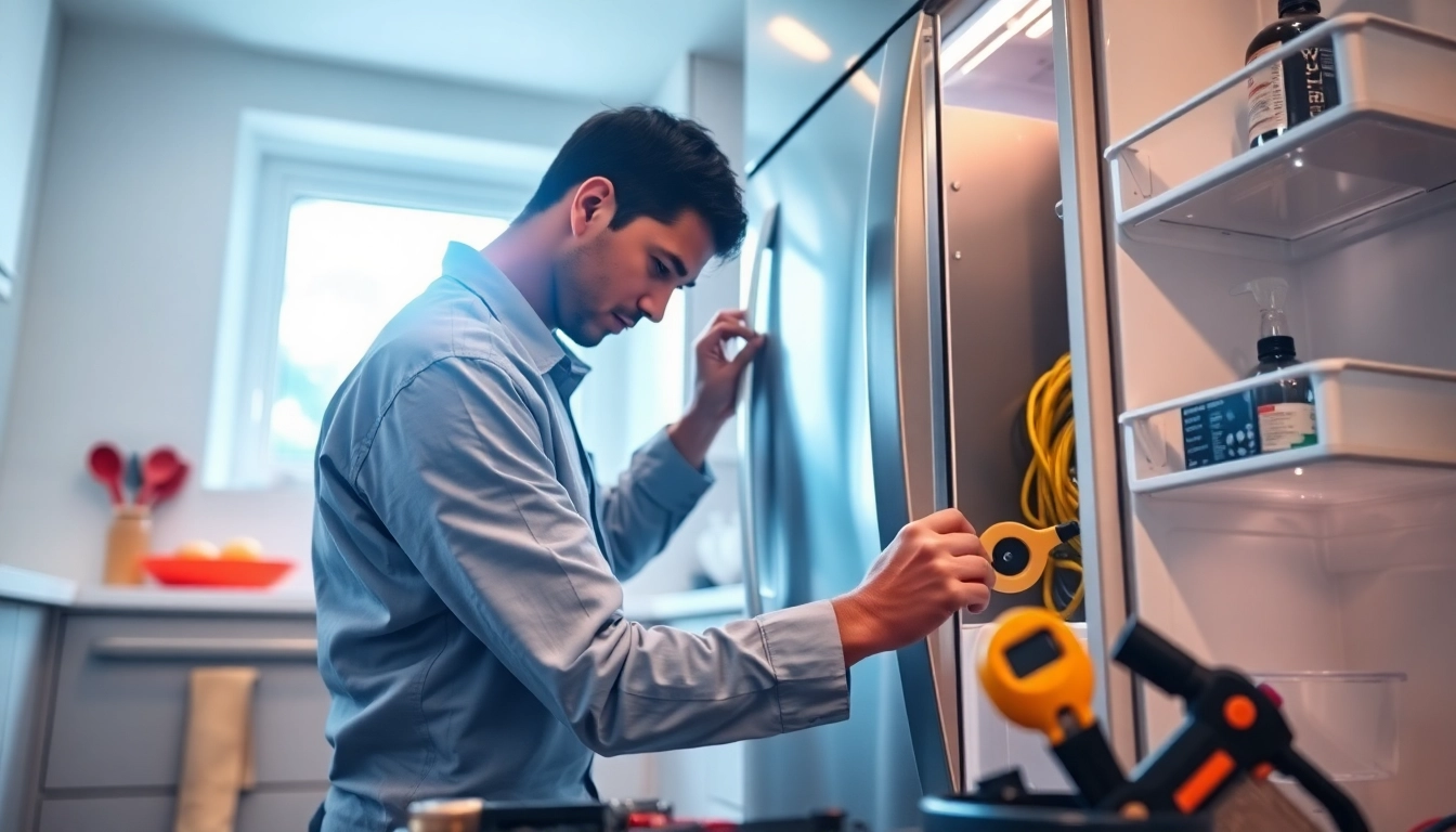 Technician performing refrigerator repair ottawa in a bright kitchen setting with tools.