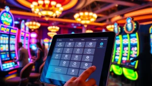 Pemain yang antusias berinteraksi dengan mesin slot depo pulsa di lingkungan kasino yang semarak.