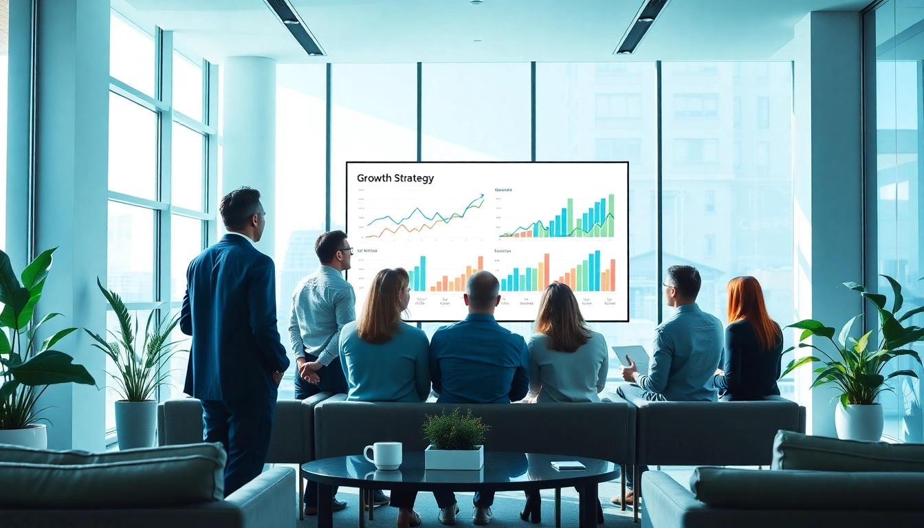 Analyzing growth strategy trends in a vibrant office setting with a professional team.