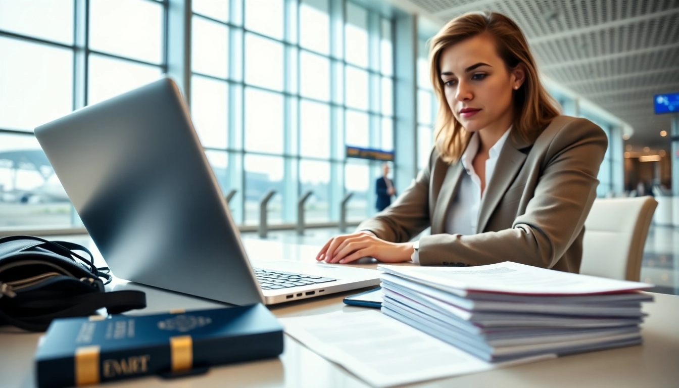 Traveler completing eta application uk at a modern airport desk.