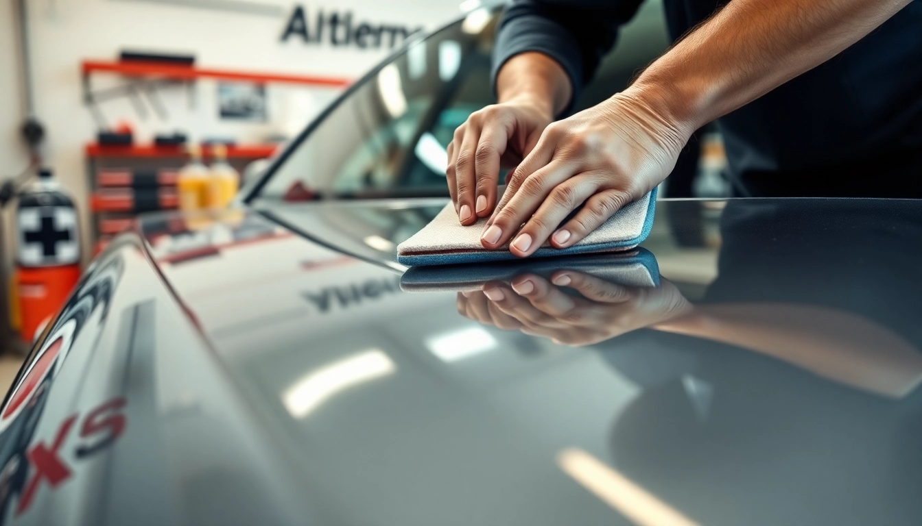 Ceramic coating near me being expertly applied to a car, showcasing attention to detail in a workshop.