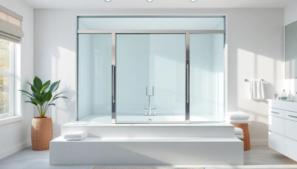 View of stylish bathtub sliding doors enhancing a modern bathroom ambiance.