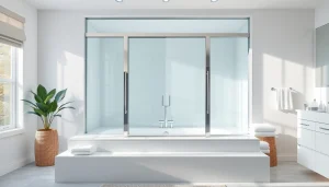 View of stylish bathtub sliding doors enhancing a modern bathroom ambiance.
