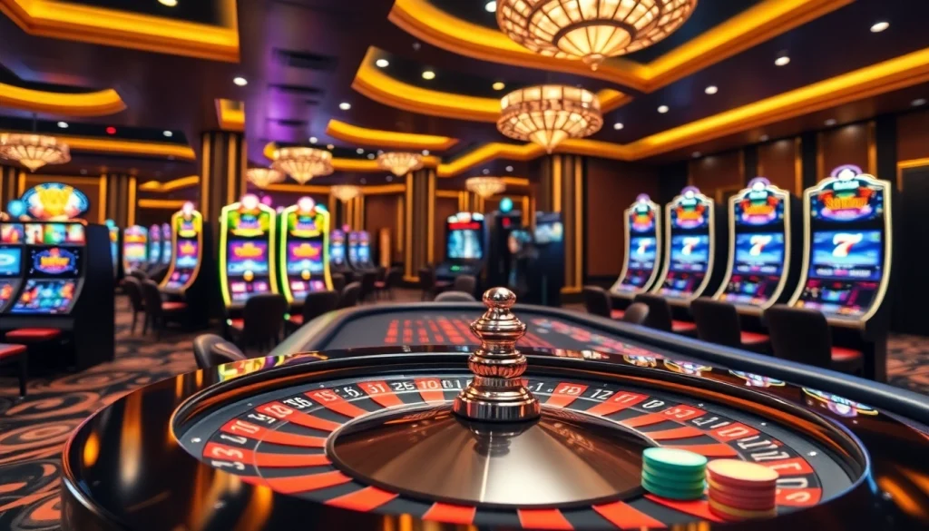 Engaged players enjoying thrilling games at bk8thai casino, featuring roulette and slot machines.