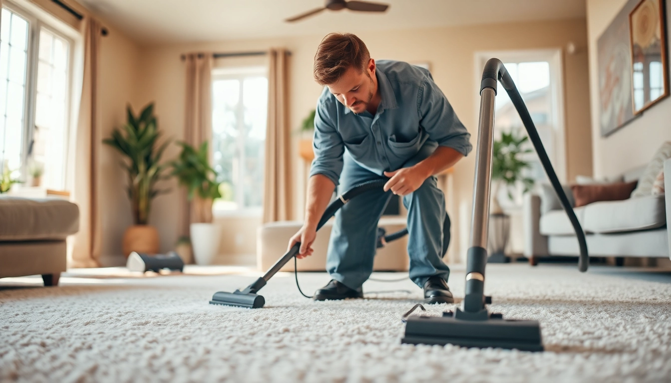 Local carpet cleaners providing expert service in a bright living room with advanced equipment.