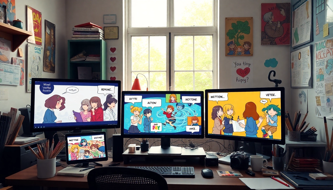 무료웹툰 콘텐츠를 즐기는 모습과 다양한 장르의 웹툰을 보여주는 작업 공간