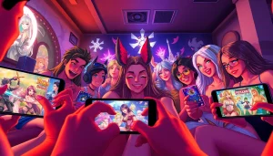 Mobile porn game experience showcasing diverse characters on mobile devices.