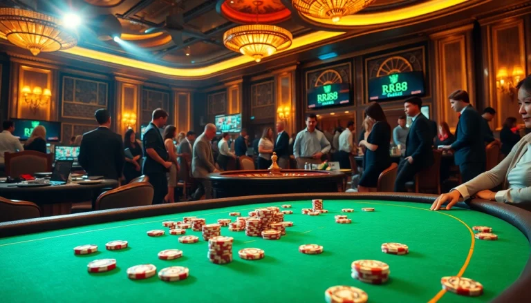 Experience the thrill of RR88 with a bustling casino scene featuring vibrant poker and roulette action.