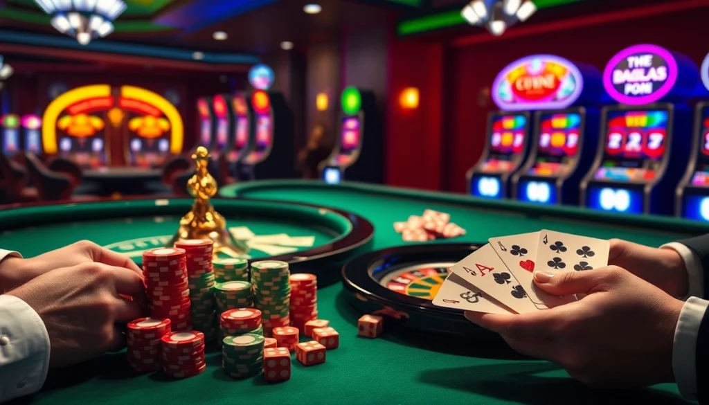 Exciting casino scene showcasing players at https://789cluber.com/ with poker chips and roulette wheel.