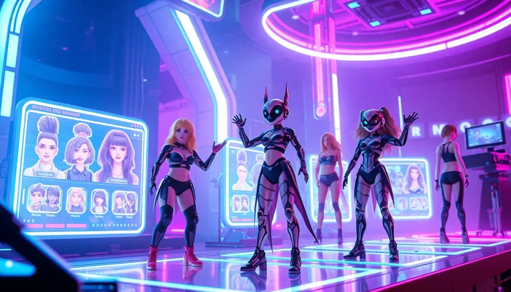 Interactive NSFW character AI interface showcasing customizable avatars in a vibrant digital landscape.