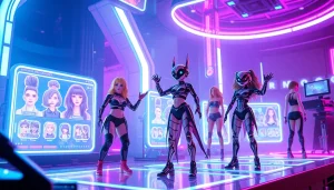 Interactive NSFW character AI interface showcasing customizable avatars in a vibrant digital landscape.