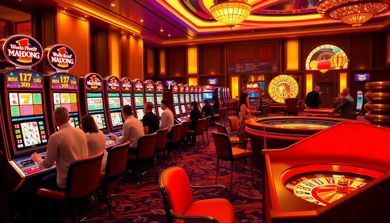 Rasakan sensasi slot demo mahjong dalam suasana kasino yang hidup dengan mesin-mesin yang menyala.