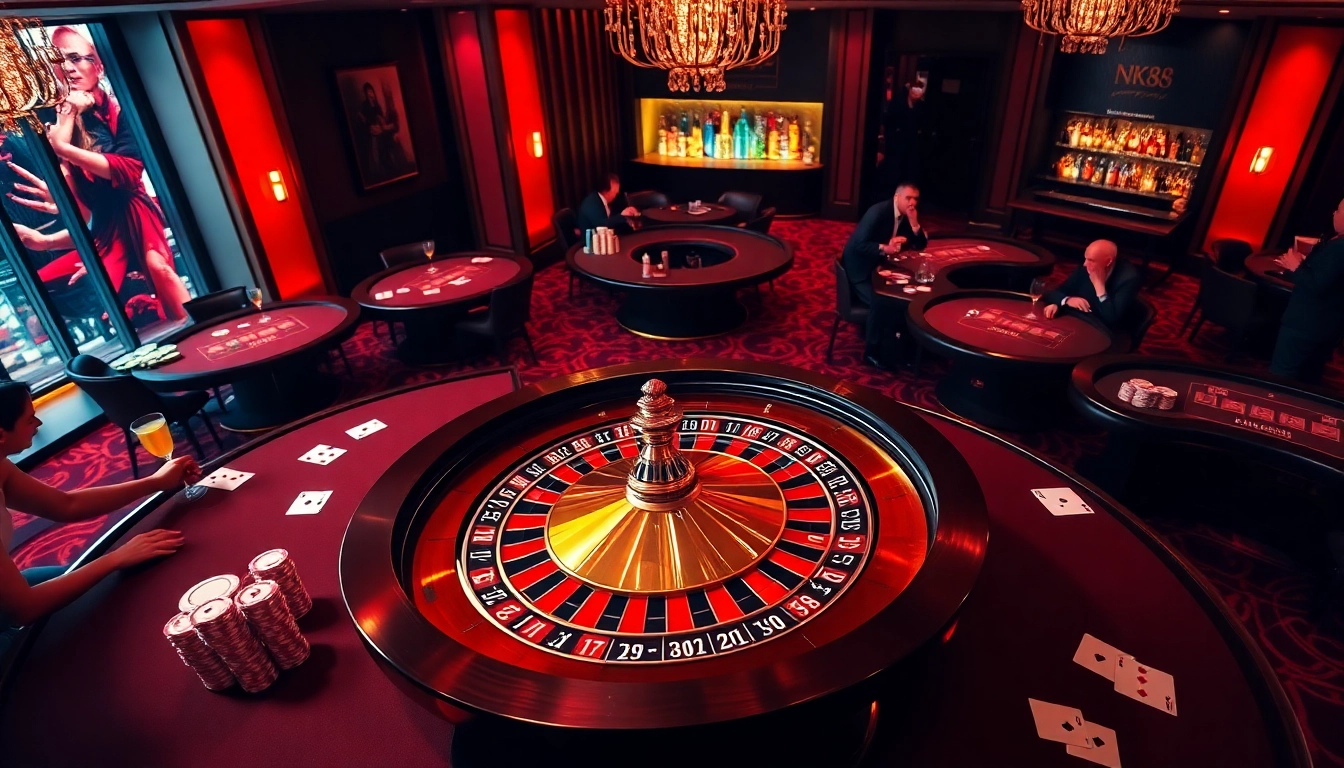 Engaged players enjoying a luxury casino experience featuring NK88-themed tables and games.