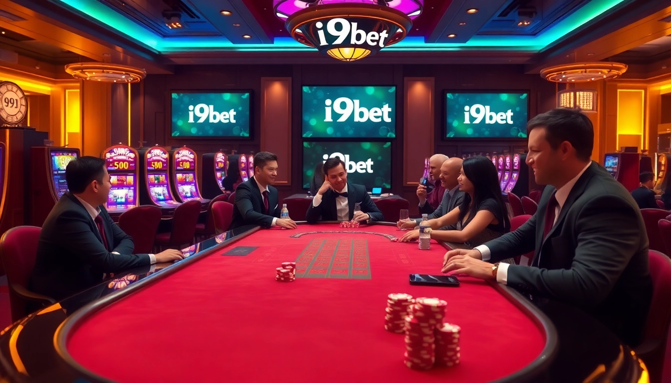 Players enjoy a thrilling gaming experience at i9bet with dealers and vibrant slot machines, encapsulating excitement.