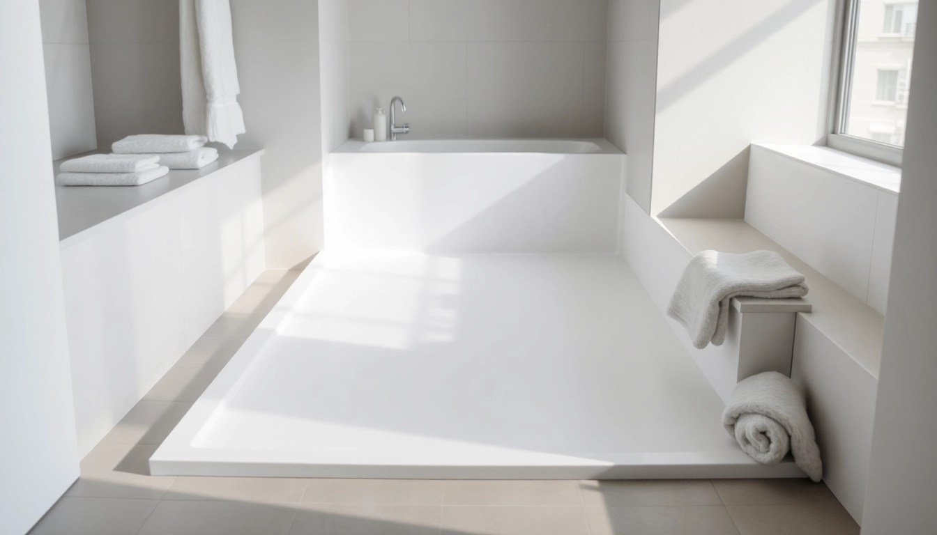 Showcasing a modern shower base with sleek design and polished surface in a stylish bathroom.