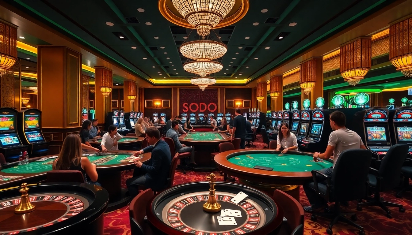 SODO Casino players enjoying roulette and poker in a vibrant, luxurious setting.