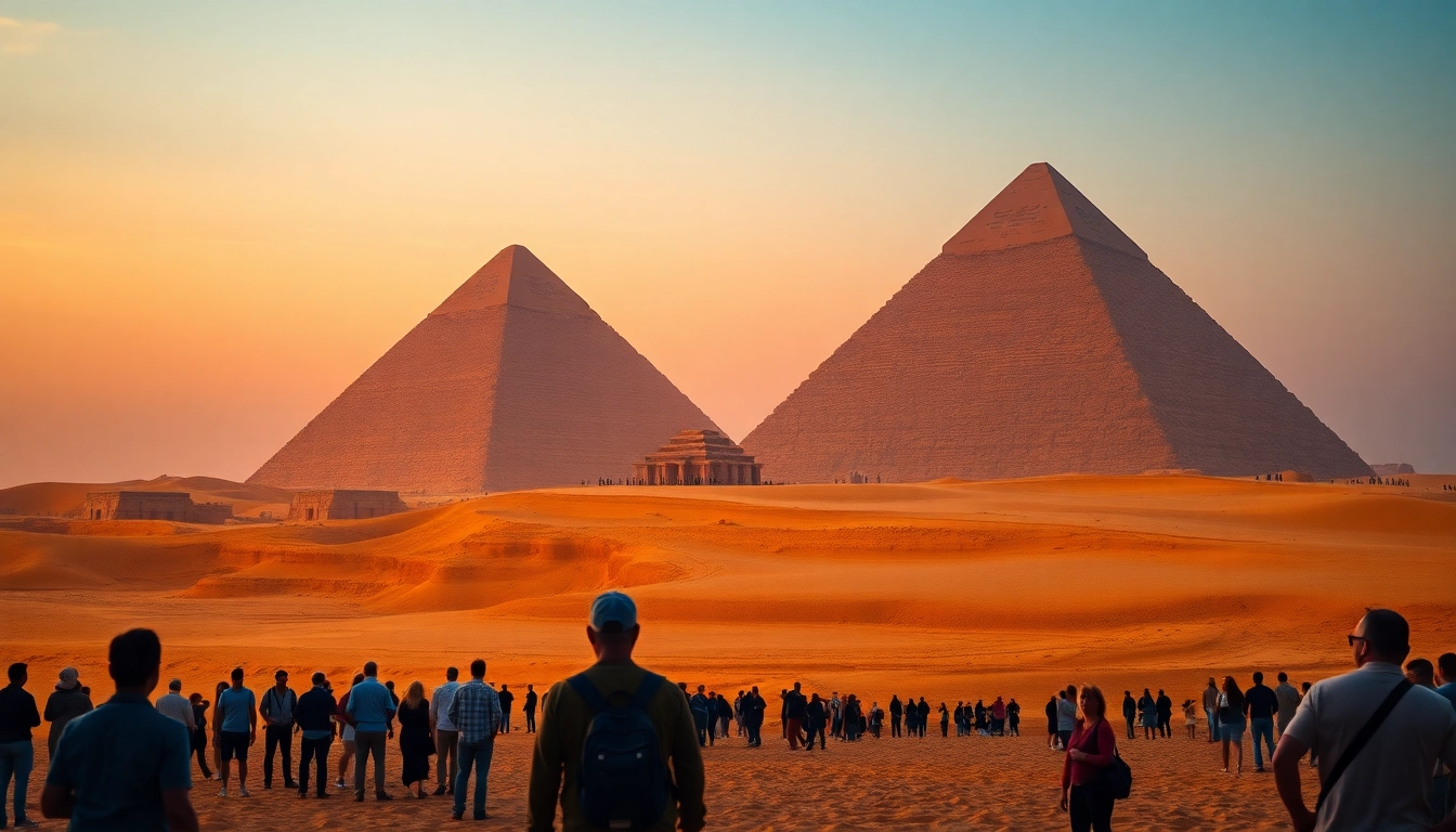 Visitors marvel at the iconic pyramids in Giza while golden sunlight sets in the background.