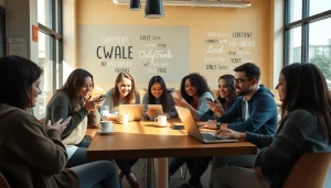 How to find OnlyFans creators near me in a vibrant café setting with engaged young adults discussing local options.