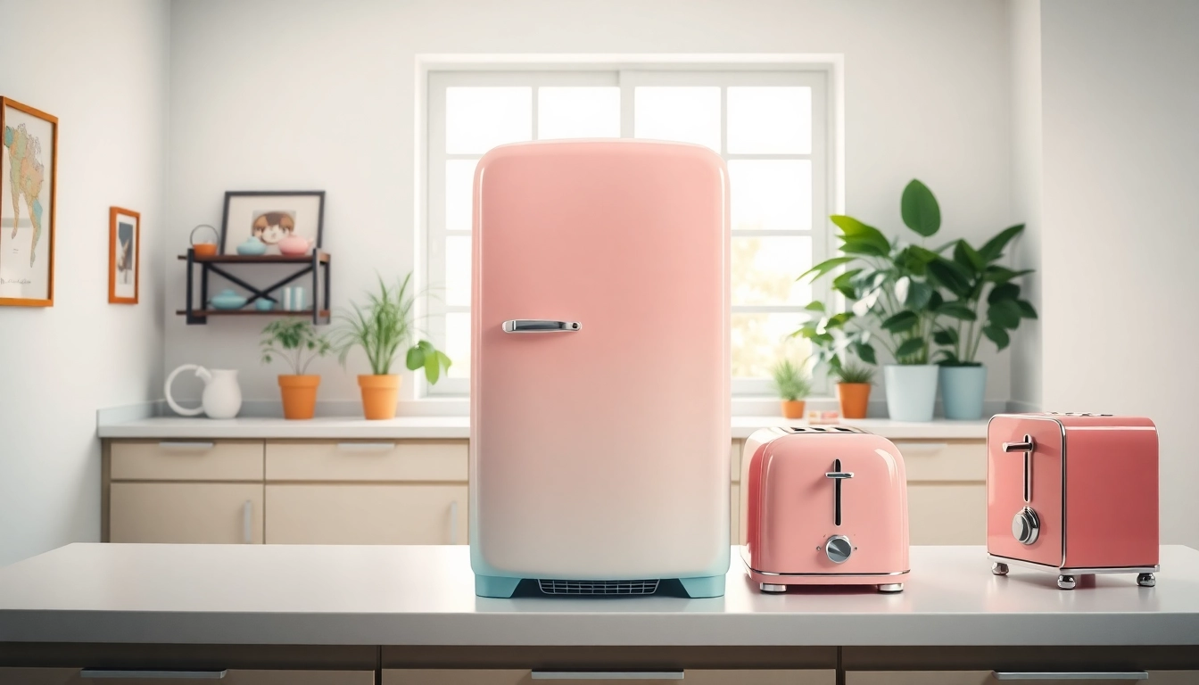Showcase of a retro appliance, including a pastel refrigerator and toaster in a stylish kitchen.