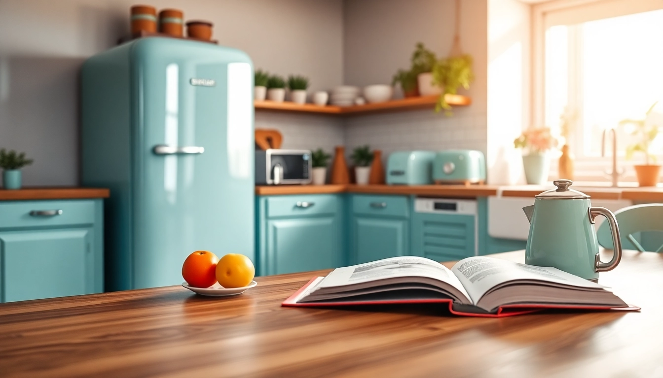 Retro Appliance surrounding a polished kitchen setup with vintage aesthetics and fresh ingredients.
