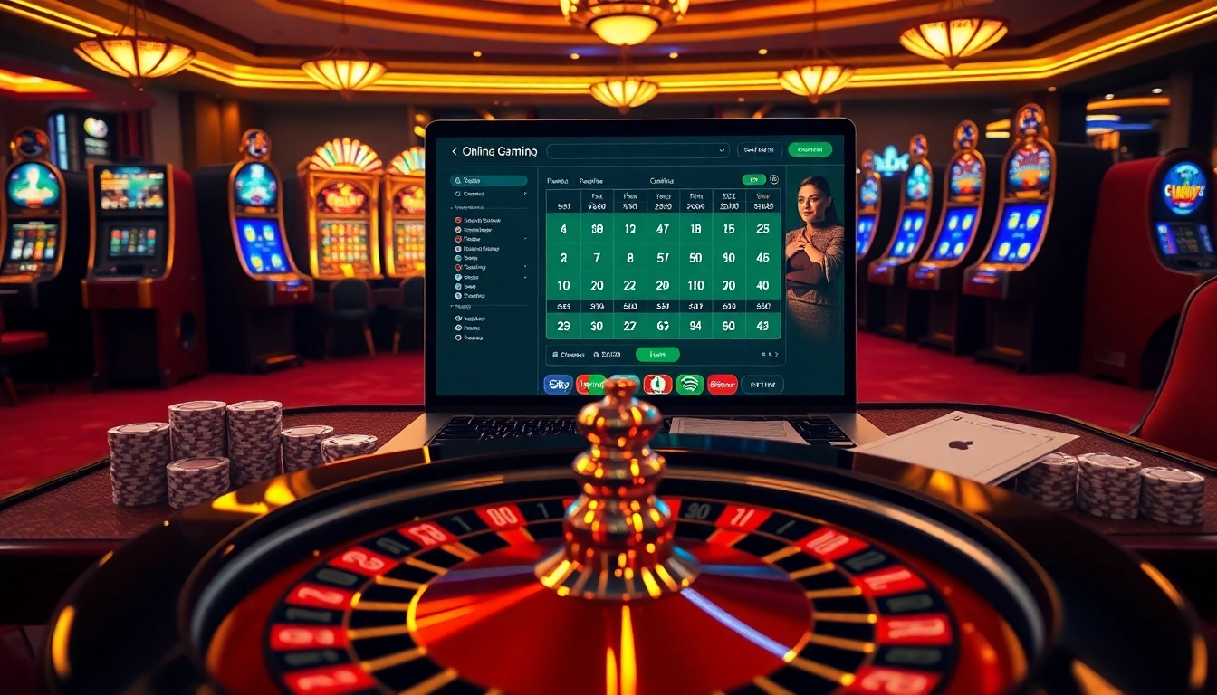 Scène de jeu en ligne mettant en avant des éléments de casino en ligne avec des jetons de poker, une roulette et une ambiance luxueuse.