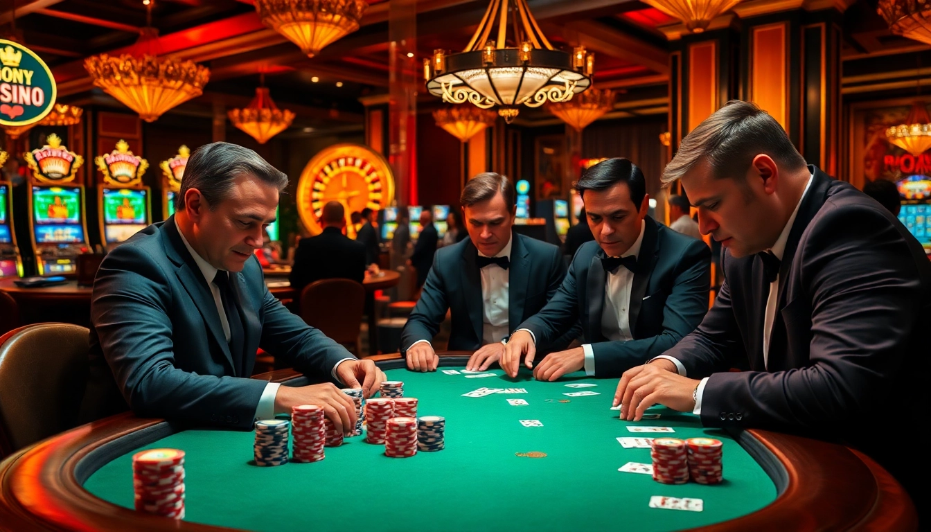 Joueurs engagés à une table de poker à enjeux élevés dans un casino en ligne de luxe en France.