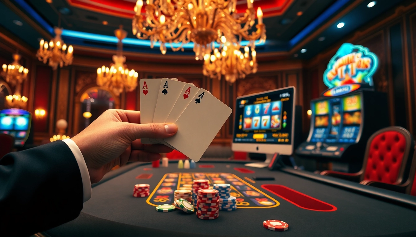 Vivez le frisson du casino en ligne avec une main de poker gagnante et des jetons colorés.