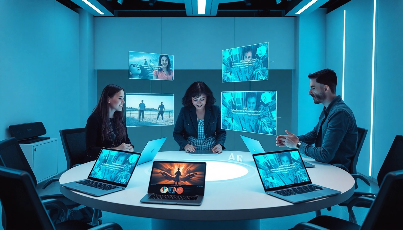 Image to prompt ai in a high-tech studio with creative team analyzing prompts