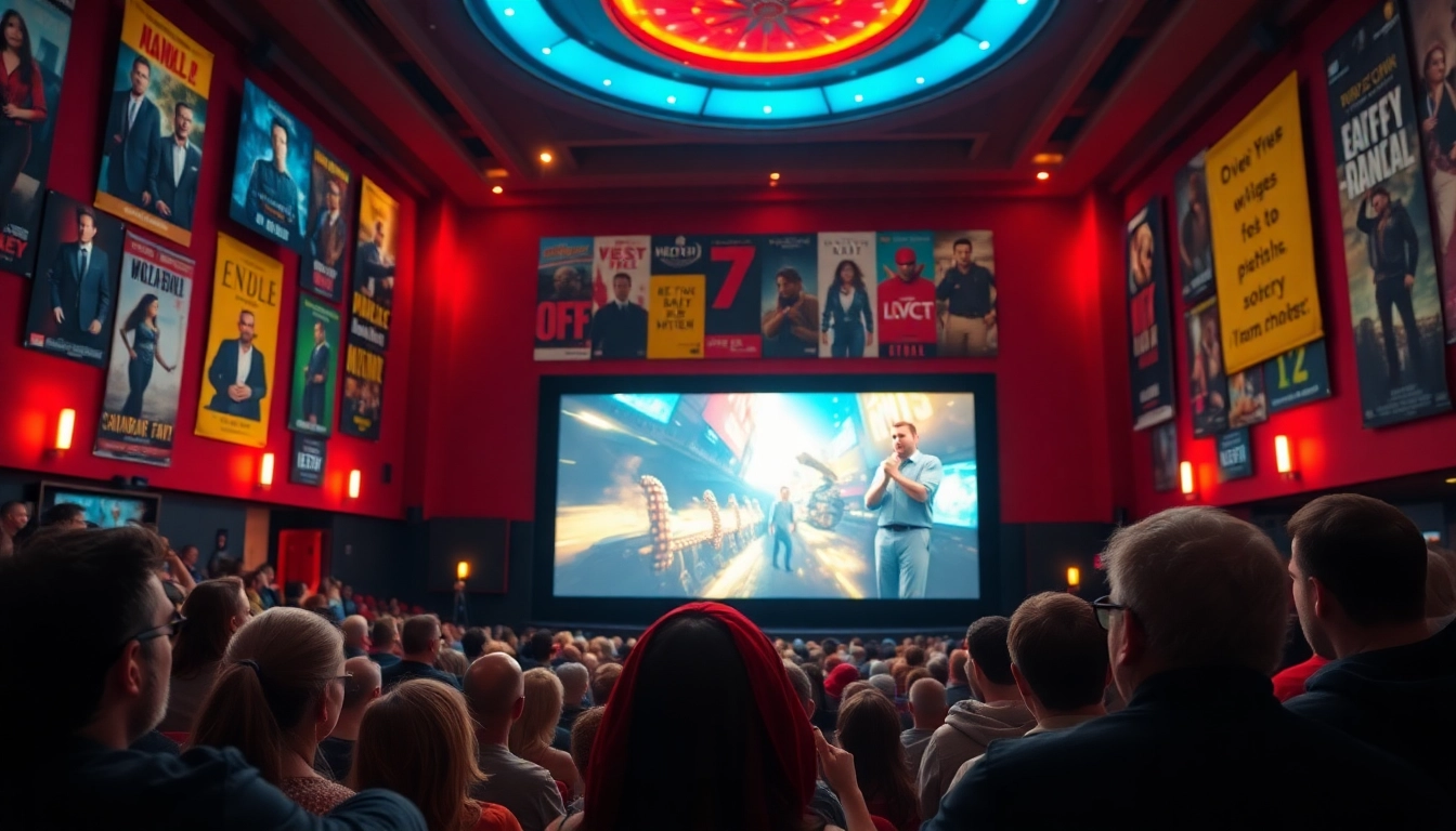 ดูหนัง ในโรงภาพยนตร์ที่เต็มไปด้วยผู้ชมที่ตื่นเต้น