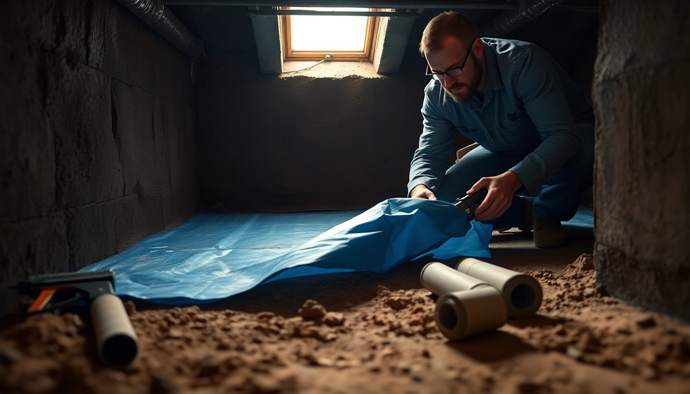 Vapor Barrier Installation in a crawl space by a professional contractor with tools and dim lighting.