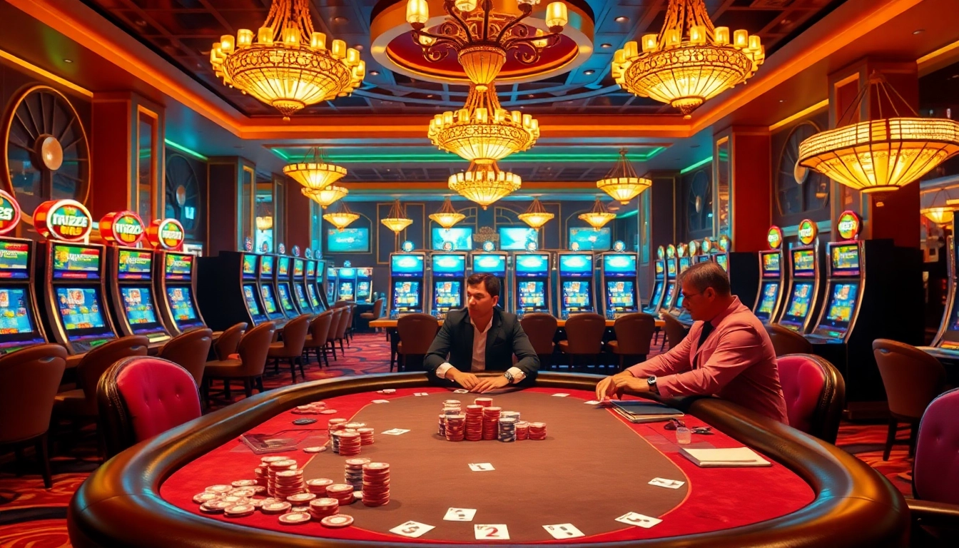 Experience the excitement of TR88 casino gaming with vibrant slot machines and a lively poker table.