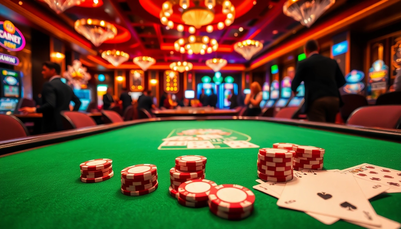 Exciting scene at 8kbet casino with poker table, chips, and roulette wheel.