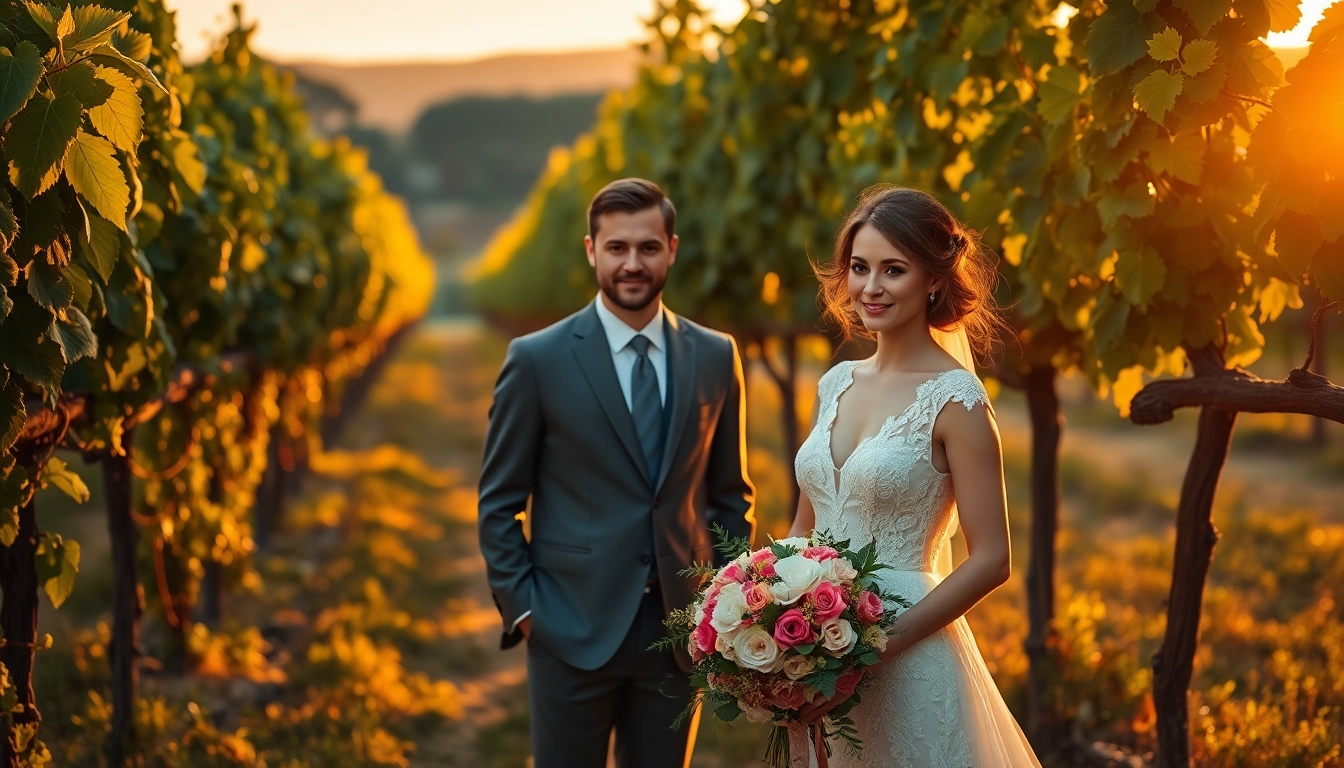 Carmel wedding photography capturing a couple in a vineyard during sunset.