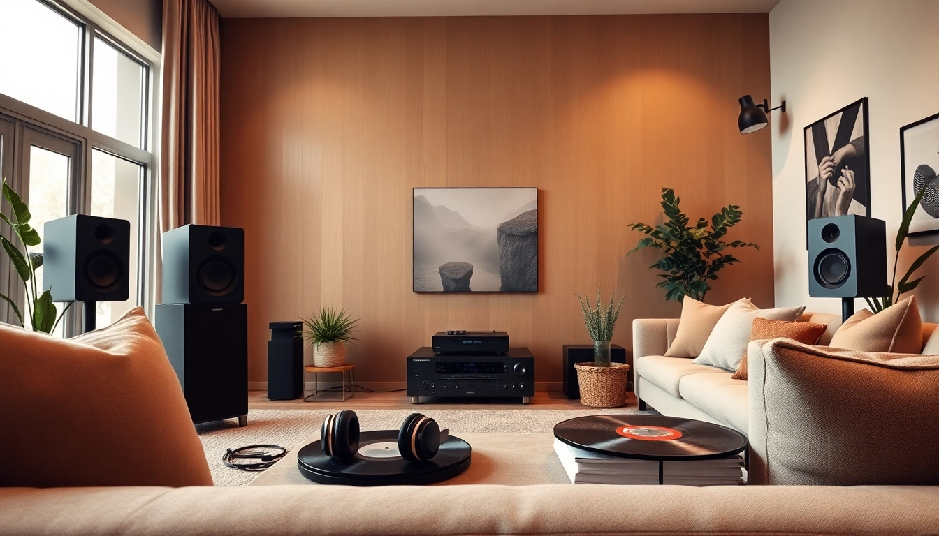 Odtwarzanie audio w nowoczesnym wnętrzu z eleganckim systemem dźwiękowym.