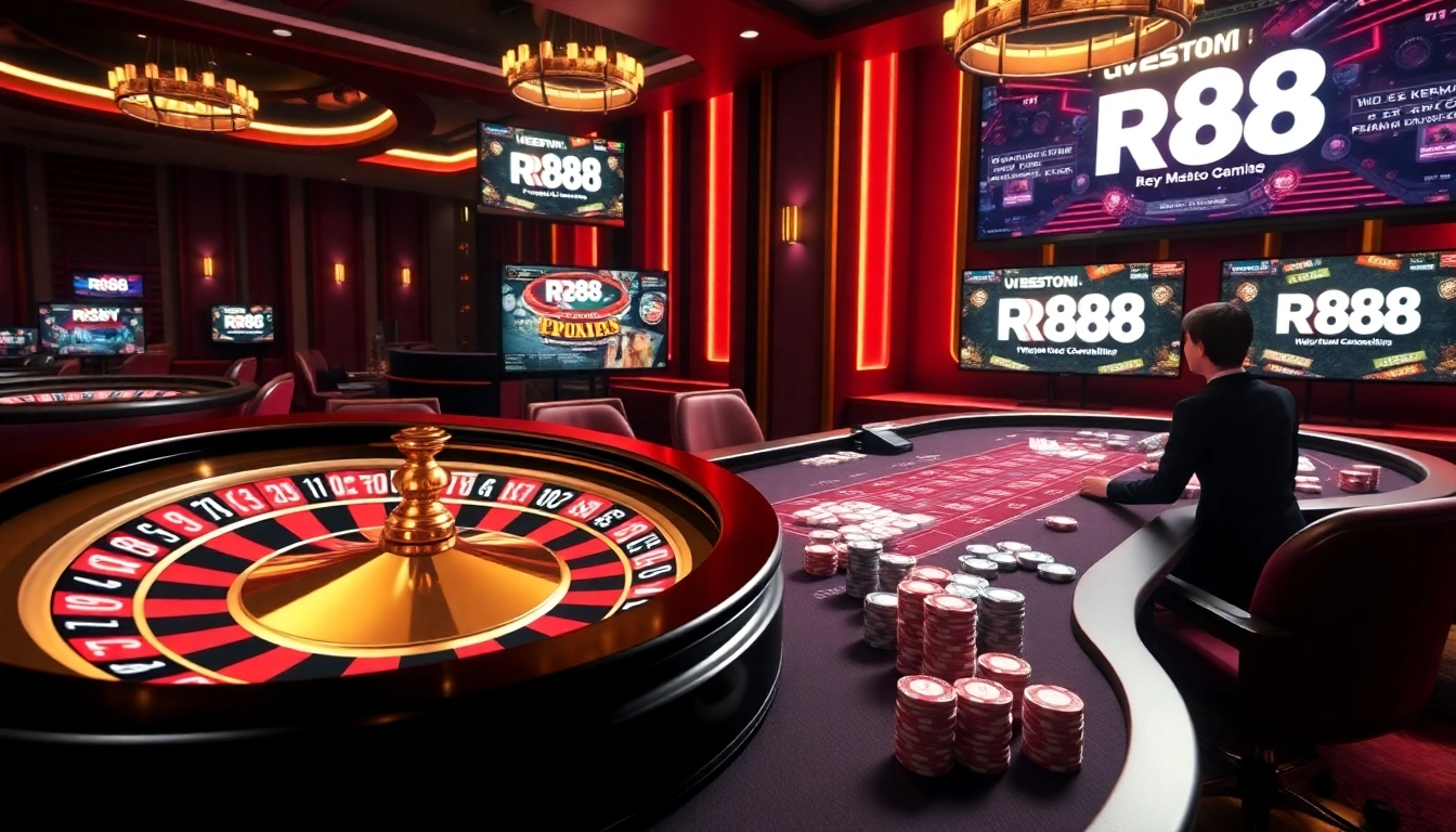 Experience the thrill at RR88 with a vibrant casino scene featuring roulette and poker games.