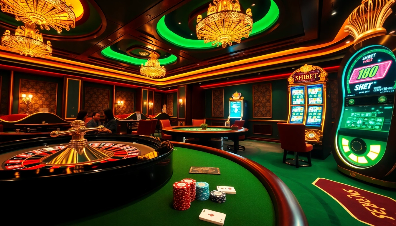 Experience the excitement of SHBET with a luxurious casino scene featuring a roulette wheel and poker table.