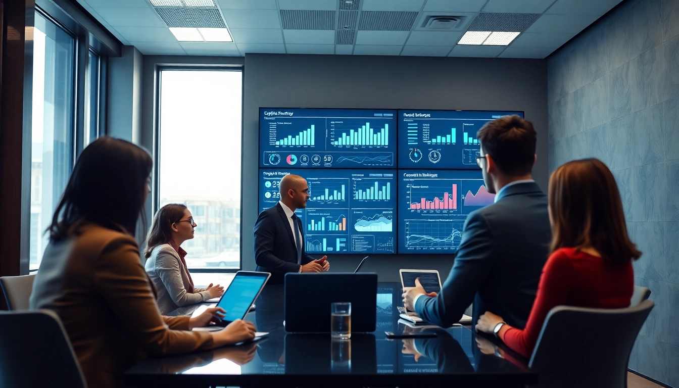 View of professionals discussing competitive intelligence faqs in a modern meeting room.