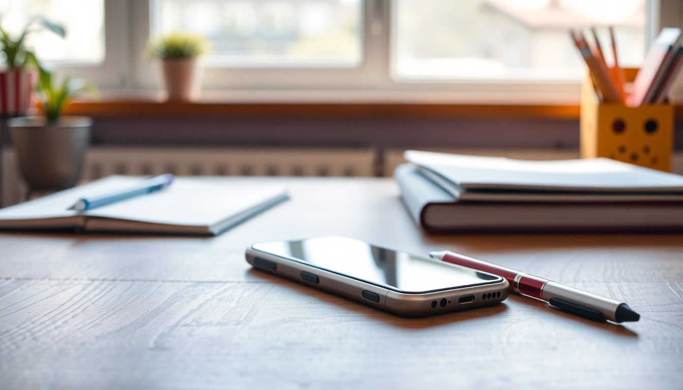 Handytasche Lehrer in elegant Gestaltung auf einem Schreibtisch für einen effektiven Unterricht.