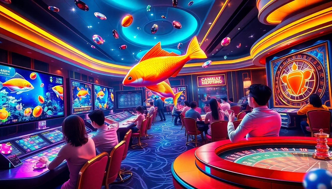 bắn cá đổi thưởng game in luxurious casino setting with colorful graphics and excited players.