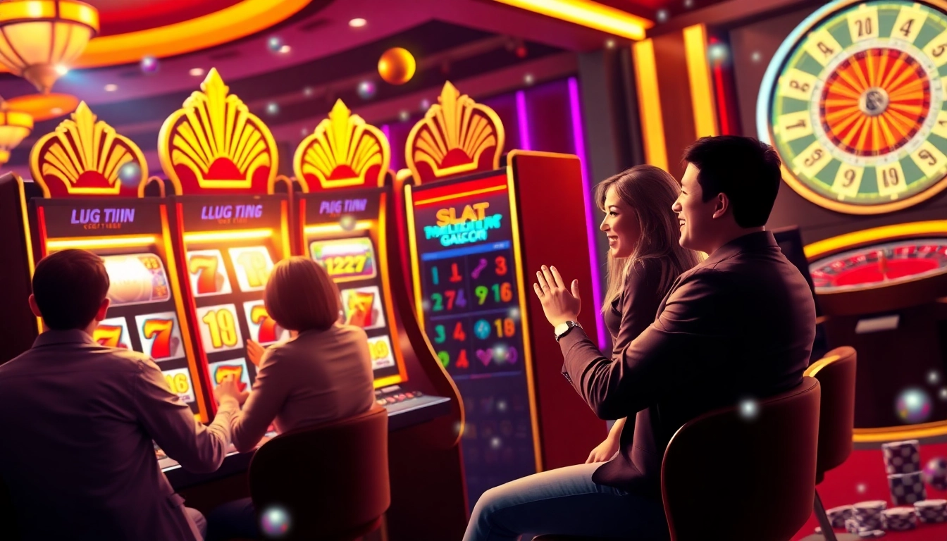 Players celebrating a win at a vibrant slot gacor machine in a lively casino.