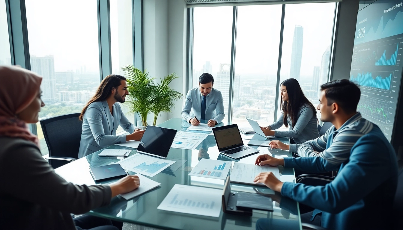 Accounting Services in Dubai: Professional team collaborating in a modern office, showcasing financial charts and growth.