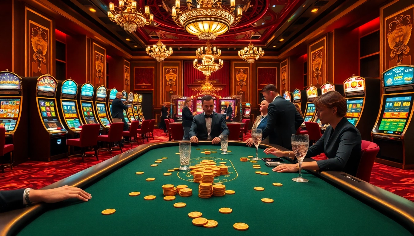 Découvrez l'excitation du casino en ligne France avec des joueurs autour d'une table de poker luxueuse, dans une action à enjeux élevés.