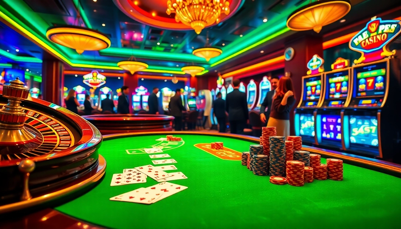 Scène exaltante au meilleur casino en ligne présentant des tables de poker et des machines à sous.