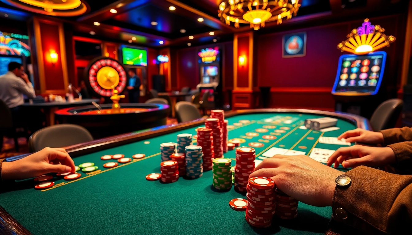 Participez à des jeux passionnants dans un casino en ligne luxueux avec des tables de poker et des roues de roulette vibrantes.