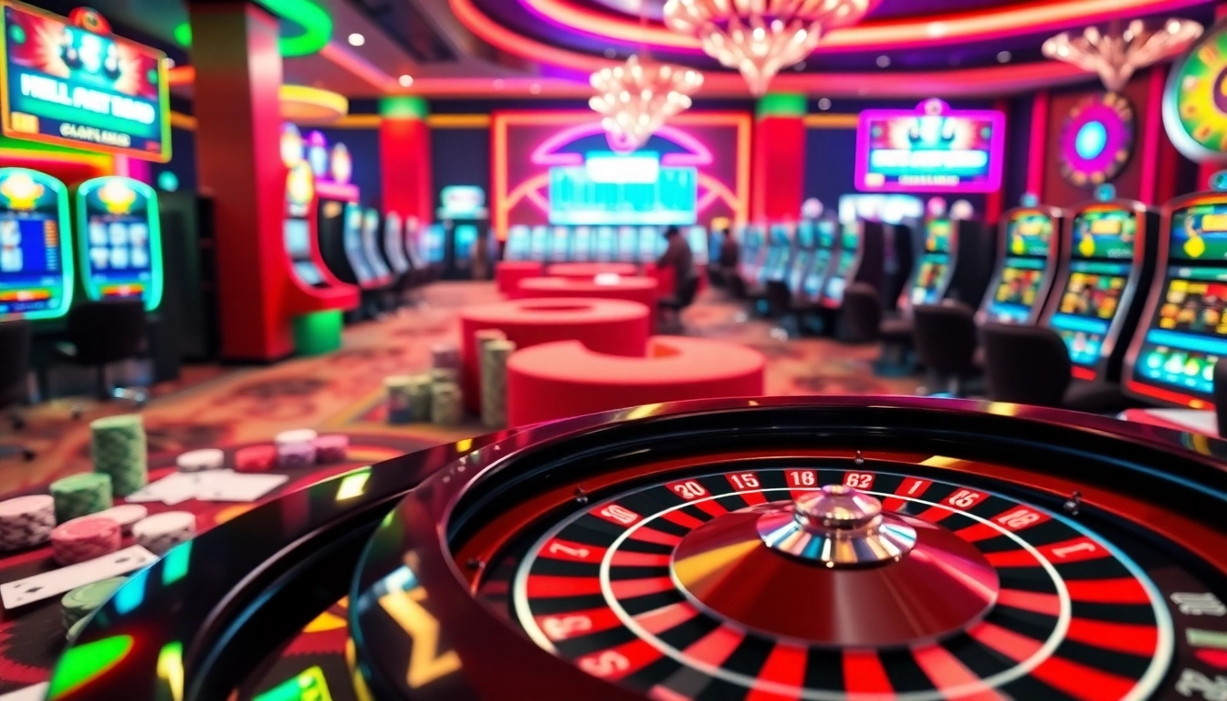 Participez à l'excitation avec le casino en ligne France présentant la roulette, les jetons de poker et des machines à sous vibrantes.