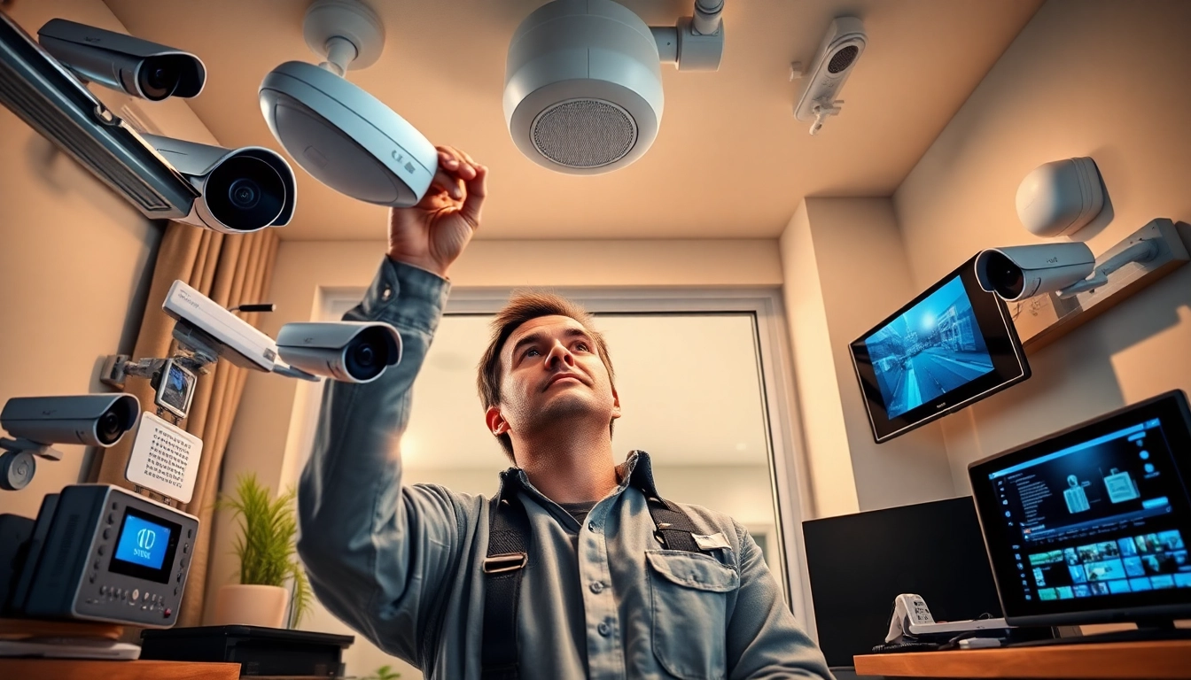 Técnico de empresa de seguridad instalando cámaras de seguridad avanzadas y alarmas en un hogar.