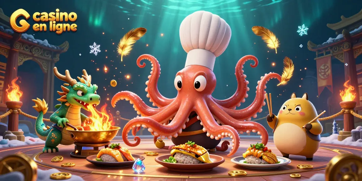 Jouer au casino en ligne avec un chef sushi pieuvre, un dragon et un tanuki, entouré de pièces d'or.